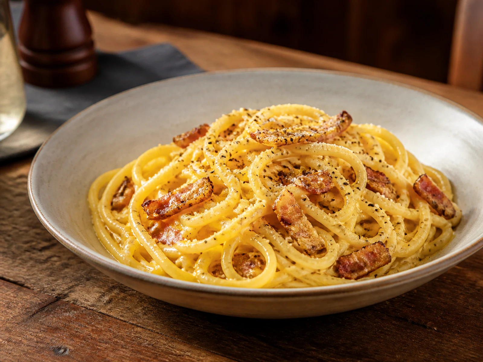 Spaghetti alla carbonara with guanciale, Pecorino and black pepper