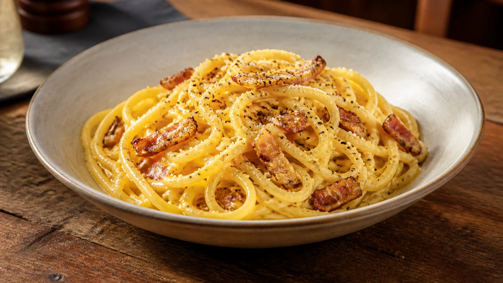 Spaghetti alla carbonara with guanciale, Pecorino and black pepper