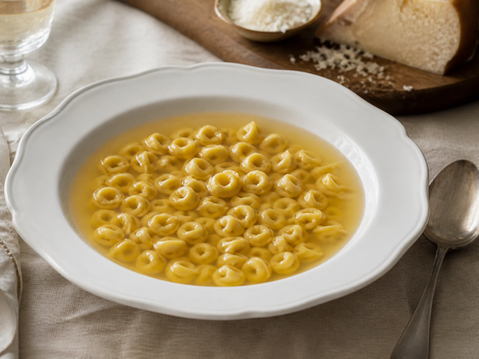 Small tortellini rings served in clear golden broth