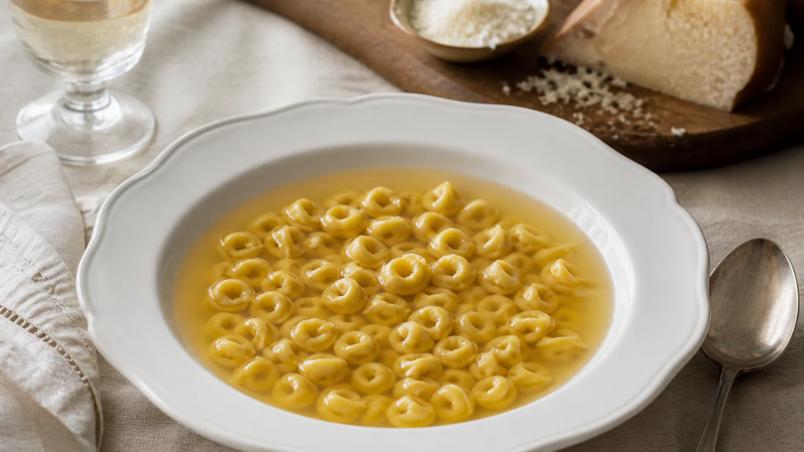 Small tortellini rings served in clear golden broth